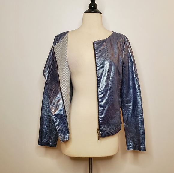Vintage Emporio Armani Metallic Blue Embossed Jacket Hidden Zip Size 10 - Picture 7 of 13